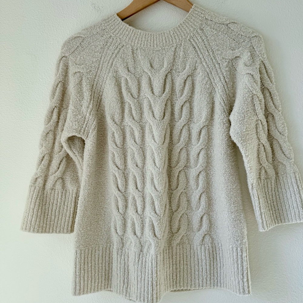 J. Jill Cream Cable Knit Bouclé Sweater- 3/4 Sleeve Chunky Pullover Size XS